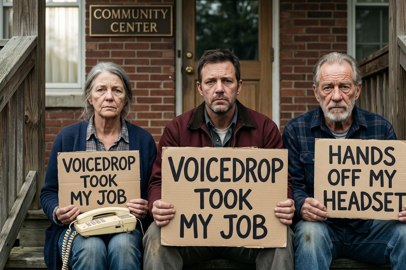 Three former cold callers on community center steps holding signs that read VoiceDrop took my job